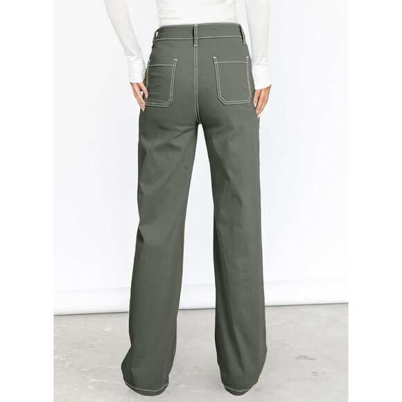 Women Four Leaf Clover Casual Mid Waist Stretch Button Wide Leg Denim Cargo Pant - Picture 2 of 6